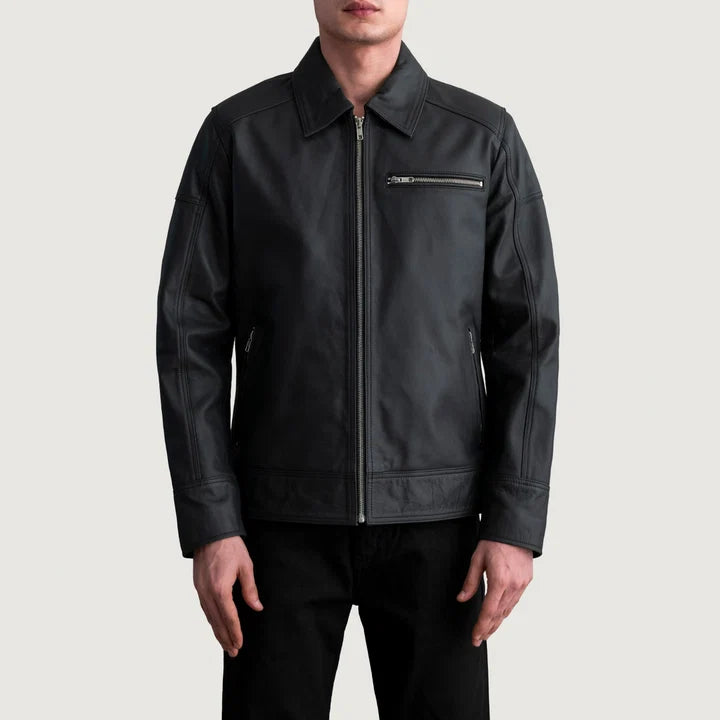 Lavendard matte black leather biker jacket front view on model
