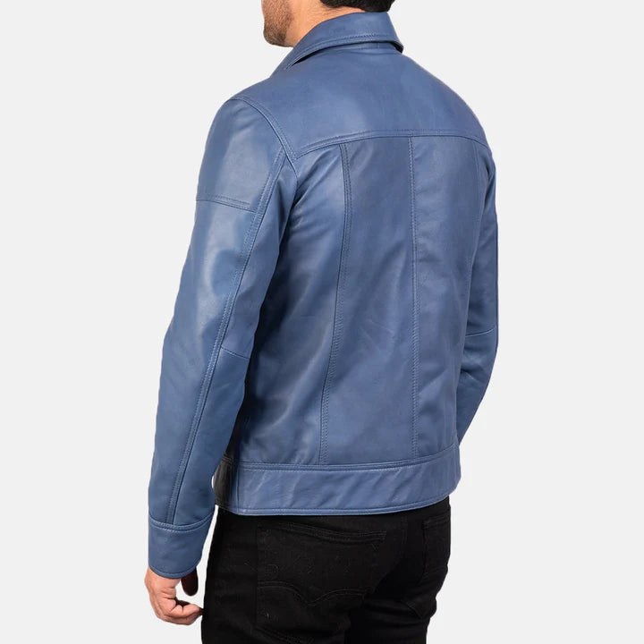 Lavendard blue leather biker jacket close-up collar detail