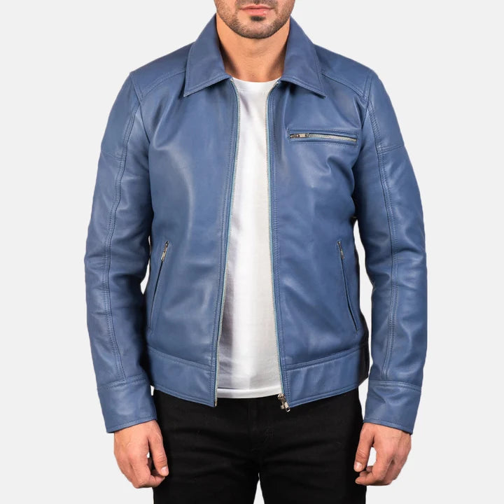 Men's blue leather biker jacket side profile with collar detail