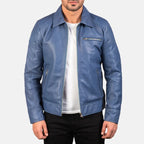 Men's blue leather biker jacket side profile with collar detail
