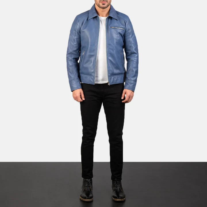 Lavendard blue leather biker jacket full body styling with pants