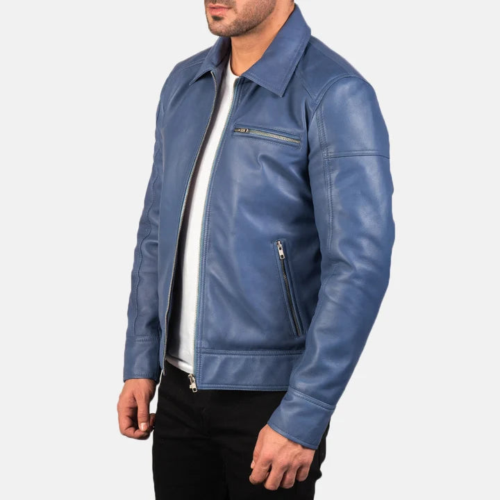 Lavendard blue leather biker jacket side view