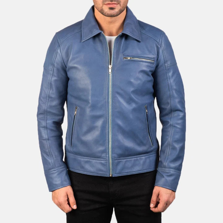 Lavendard blue leather biker jacket front view on model