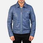 Lavendard blue leather biker jacket front view on model