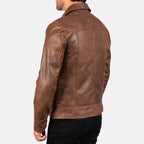 Lavendard brown leather biker jacket folded flat lay view