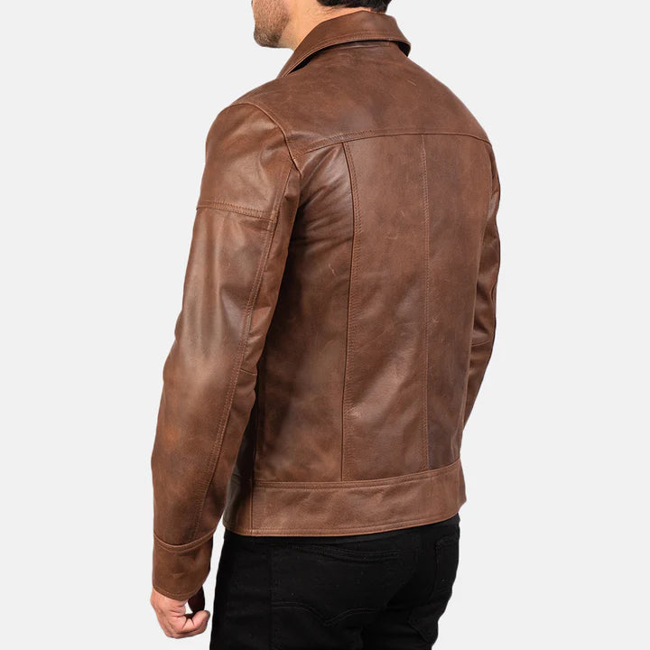 Lavendard brown leather biker jacket folded flat lay view
