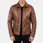 Lavendard brown leather biker jacket front view on model