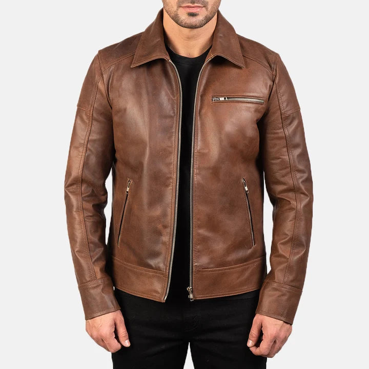 Lavendard brown leather biker jacket front view on model