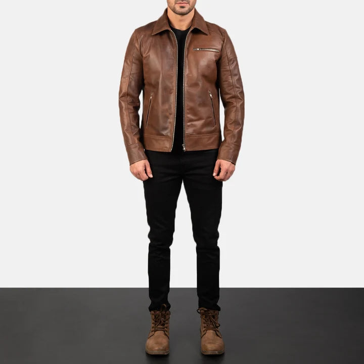 Lavendard brown leather biker jacket full body styling with pants