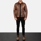 Lavendard brown leather biker jacket full body styling with pants