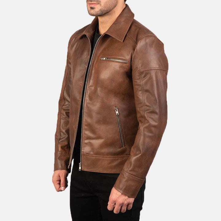 Lavendard brown leather biker jacket side view