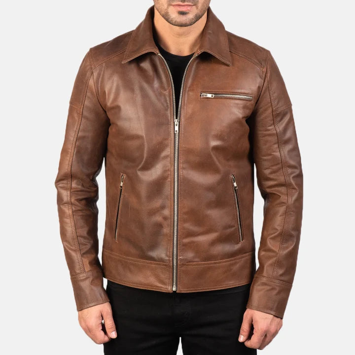 Men's brown leather biker jacket full body front view with black pants