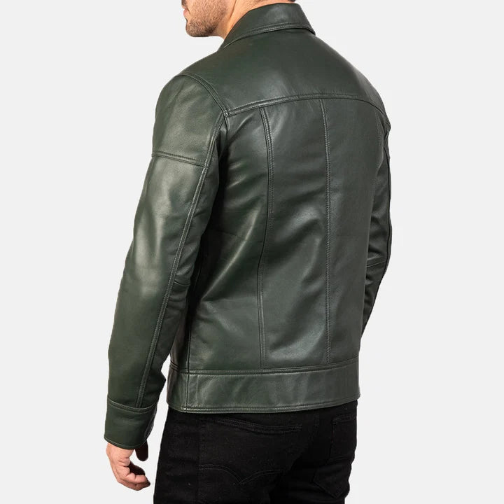 Lavendard green leather biker jacket close-up front detail
