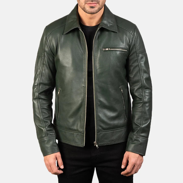 Men's green leather biker jacket side profile with collar detail