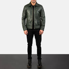 Lavendard green leather biker jacket full body styling with pants