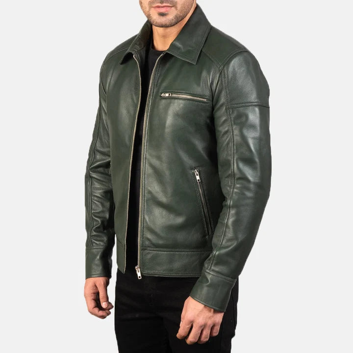 Lavendard green leather biker jacket side view