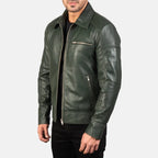 Lavendard green leather biker jacket side view