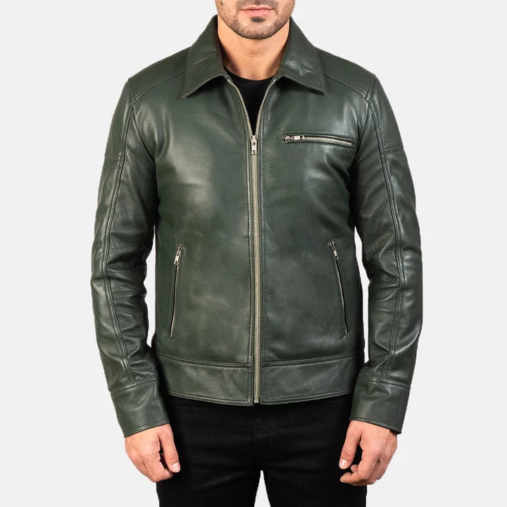 Lavendard green leather biker jacket front view on model