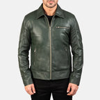 Lavendard green leather biker jacket front view on model