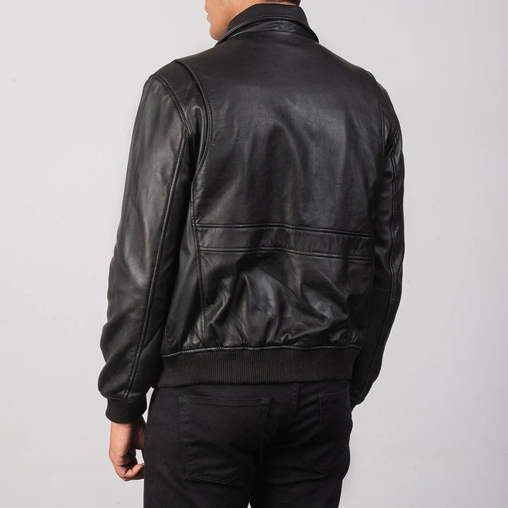 Coffmen black A2 leather bomber jacket back view