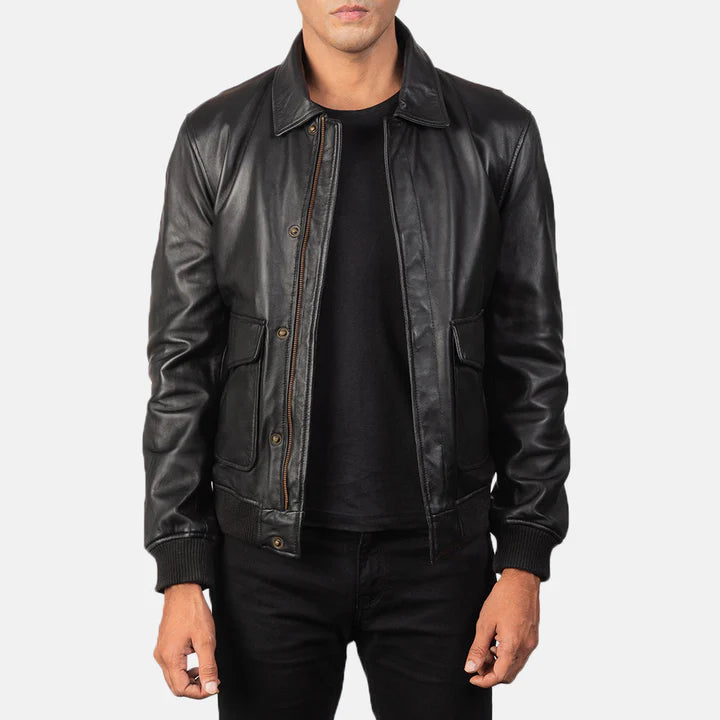 Coffmen black A2 leather bomber jacket front view on model
