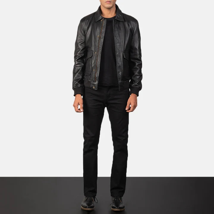 Coffmen black A2 leather bomber jacket full body styling with jeans