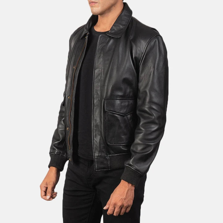 Coffmen black A2 leather bomber jacket side view