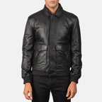 Coffmen black A2 leather bomber jacket close-up pocket and button detail