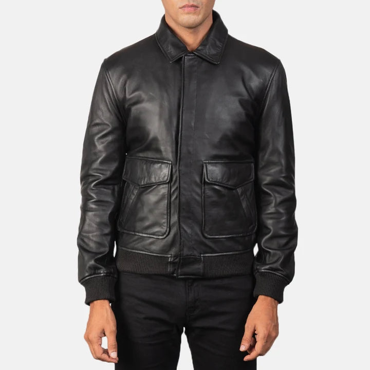 Coffmen black A2 leather bomber jacket close-up pocket and button detail