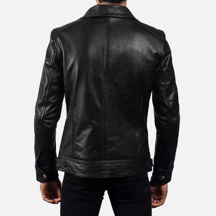 Legacy black leather biker jacket flat lay sleeve detail
