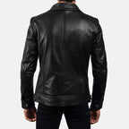 Legacy black leather biker jacket flat lay sleeve detail