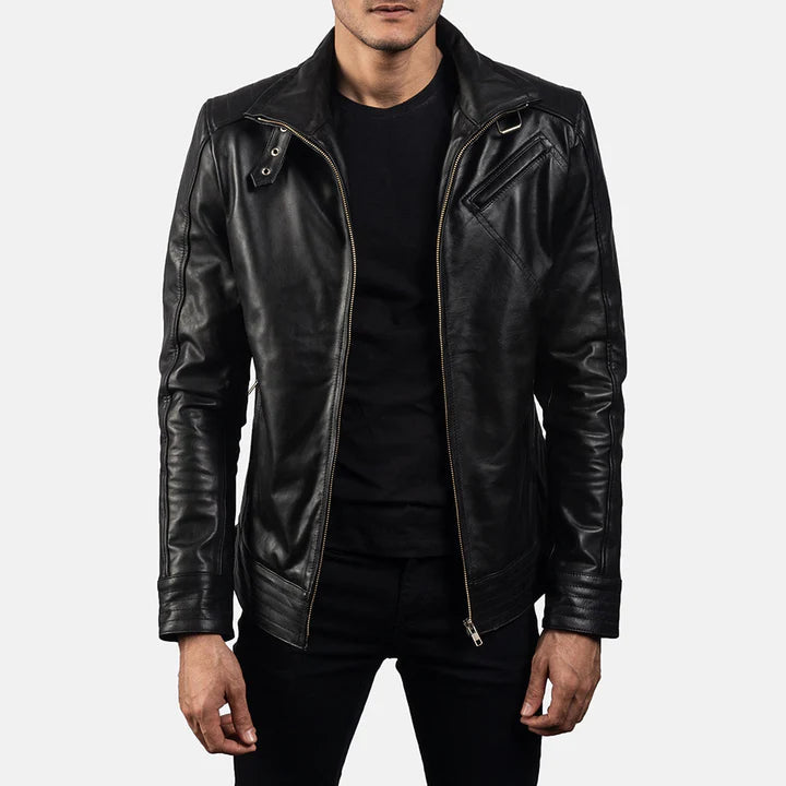 Legacy black leather biker jacket front view on model