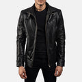 Legacy black leather biker jacket front view on model