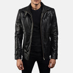 Legacy black leather biker jacket front view on model