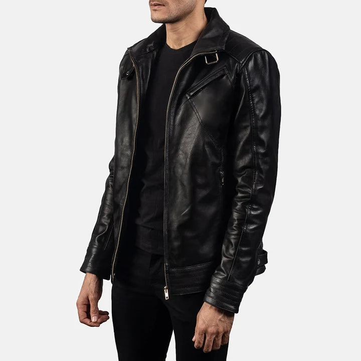 Legacy black leather biker jacket side view