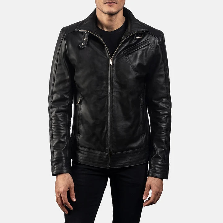 Men's black leather biker jacket front view with asymmetric zipper