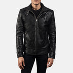 Men's black leather biker jacket front view with asymmetric zipper
