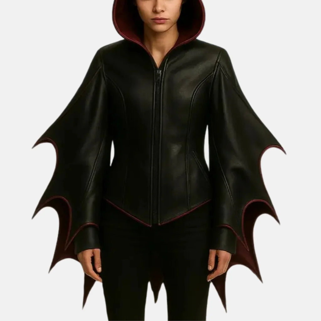 Women's Lilith gothic hooded black leather jacket with bat wing sleeves, burgundy trim and front zipper