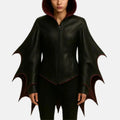 Women's Lilith gothic hooded black leather jacket with bat wing sleeves, burgundy trim and front zipper