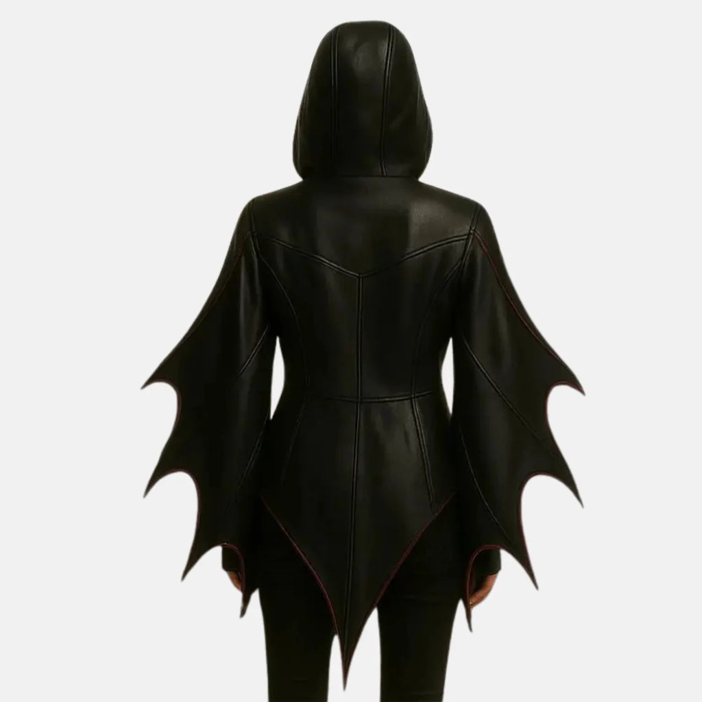 Women's Lilith gothic hooded black leather jacket with bat wing sleeves and pointed hem