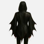 Women's Lilith gothic hooded black leather jacket with bat wing sleeves and pointed hem