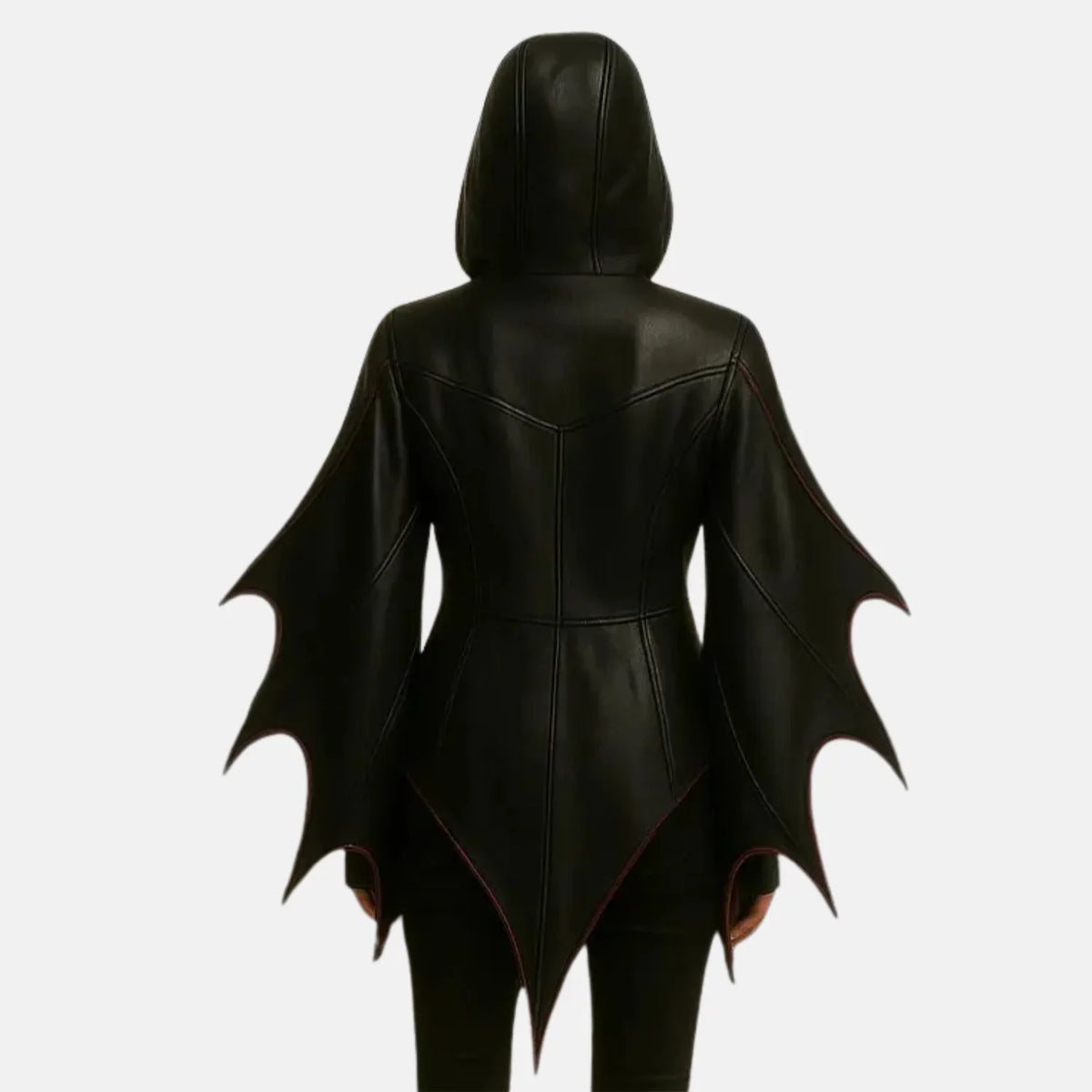 Women's Lilith gothic hooded black leather jacket with bat wing sleeves and pointed hem