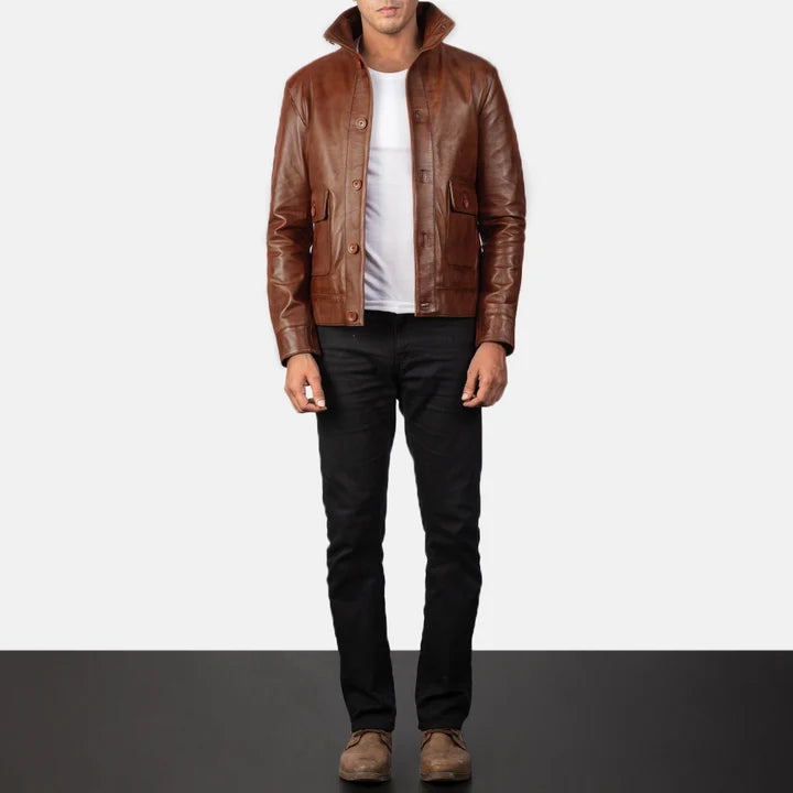 Columbus brown leather bomber jacket full body styling with pants