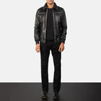 Aaron black leather bomber jacket close-up front detail
