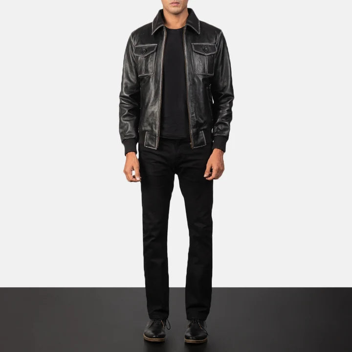 Aaron black leather bomber jacket close-up front detail