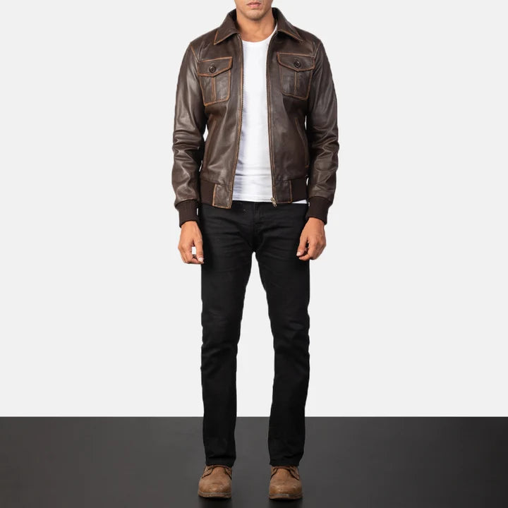 Aaron brown leather bomber jacket full body styling with pants