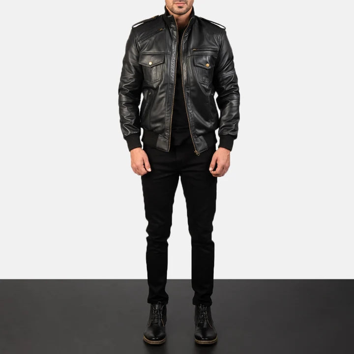 Agent Shadow black leather bomber jacket full body styling with pants