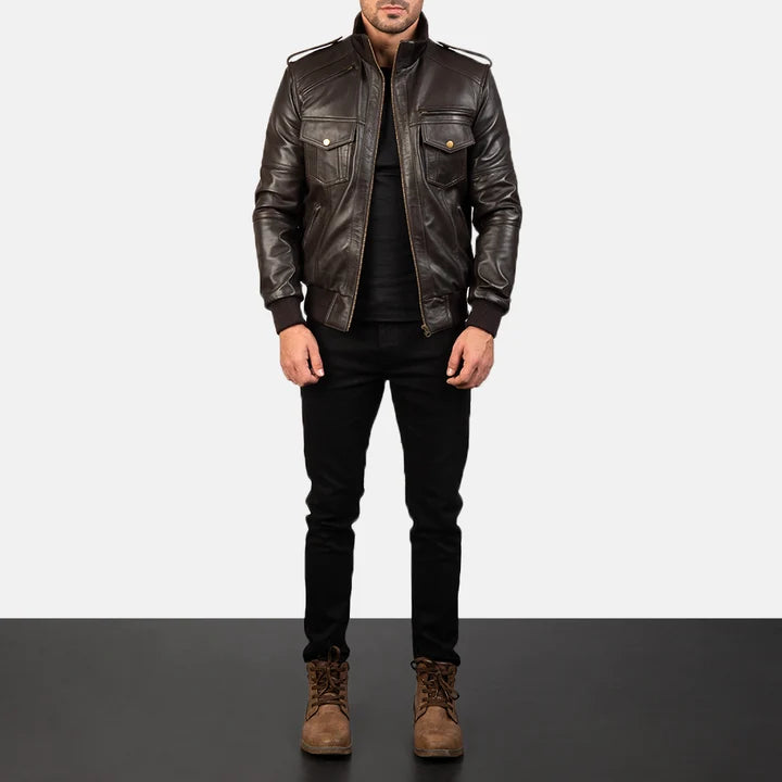Agent Shadow brown leather bomber jacket full body styling with pants