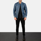 Blue leather bomber jacket full body styling with jeans