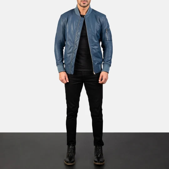Blue leather bomber jacket full body styling with jeans